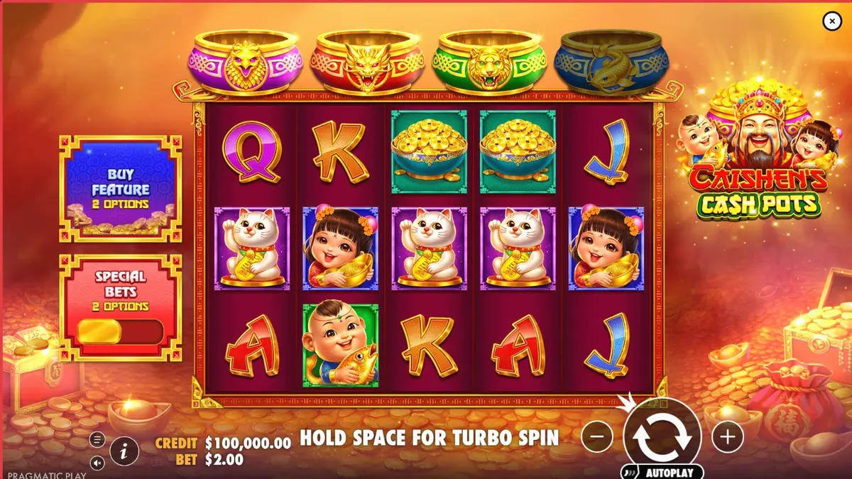 Interface do slot Caishen’s Cash Pots com símbolos temáticos dourados e vermelhos