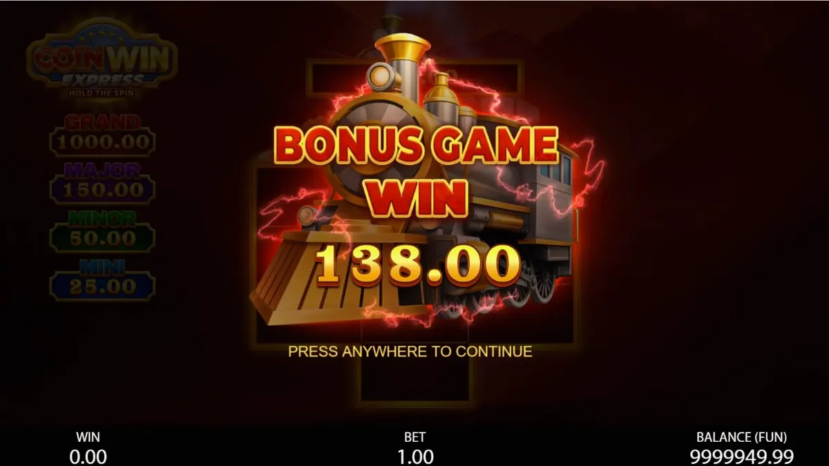 Locomotiva dourada e símbolos de frutas no slot Coin Win Express