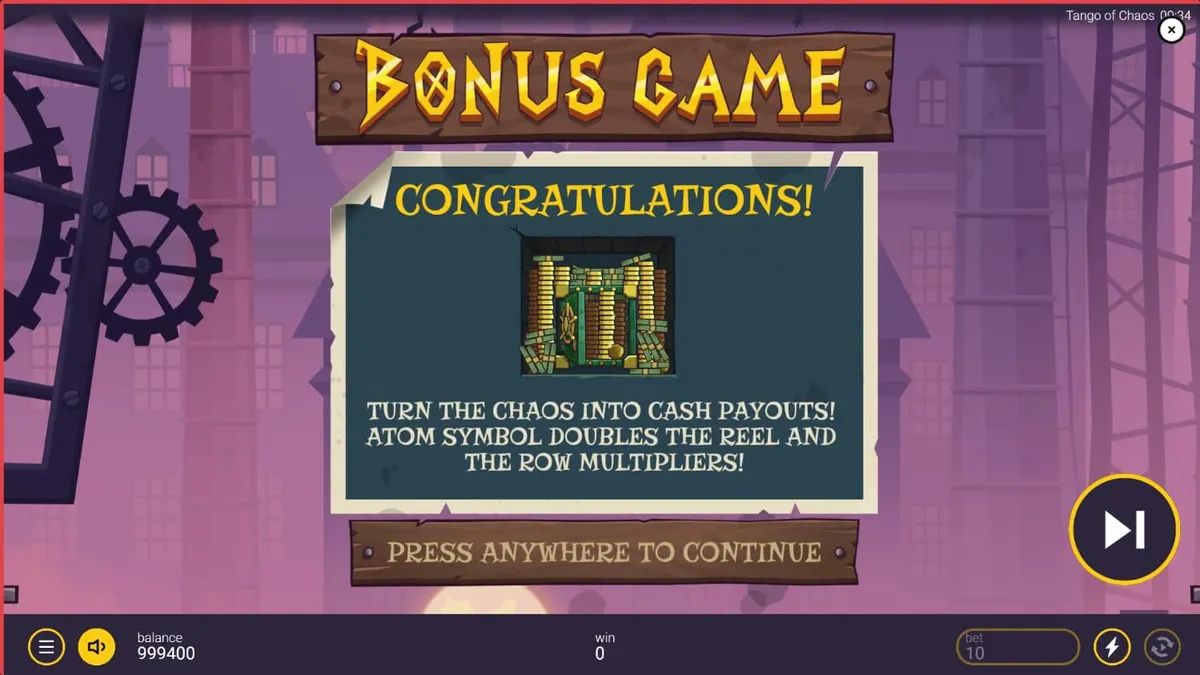 Interface do jogo Tango of Chaos com elementos de laboratório e símbolos temáticos.